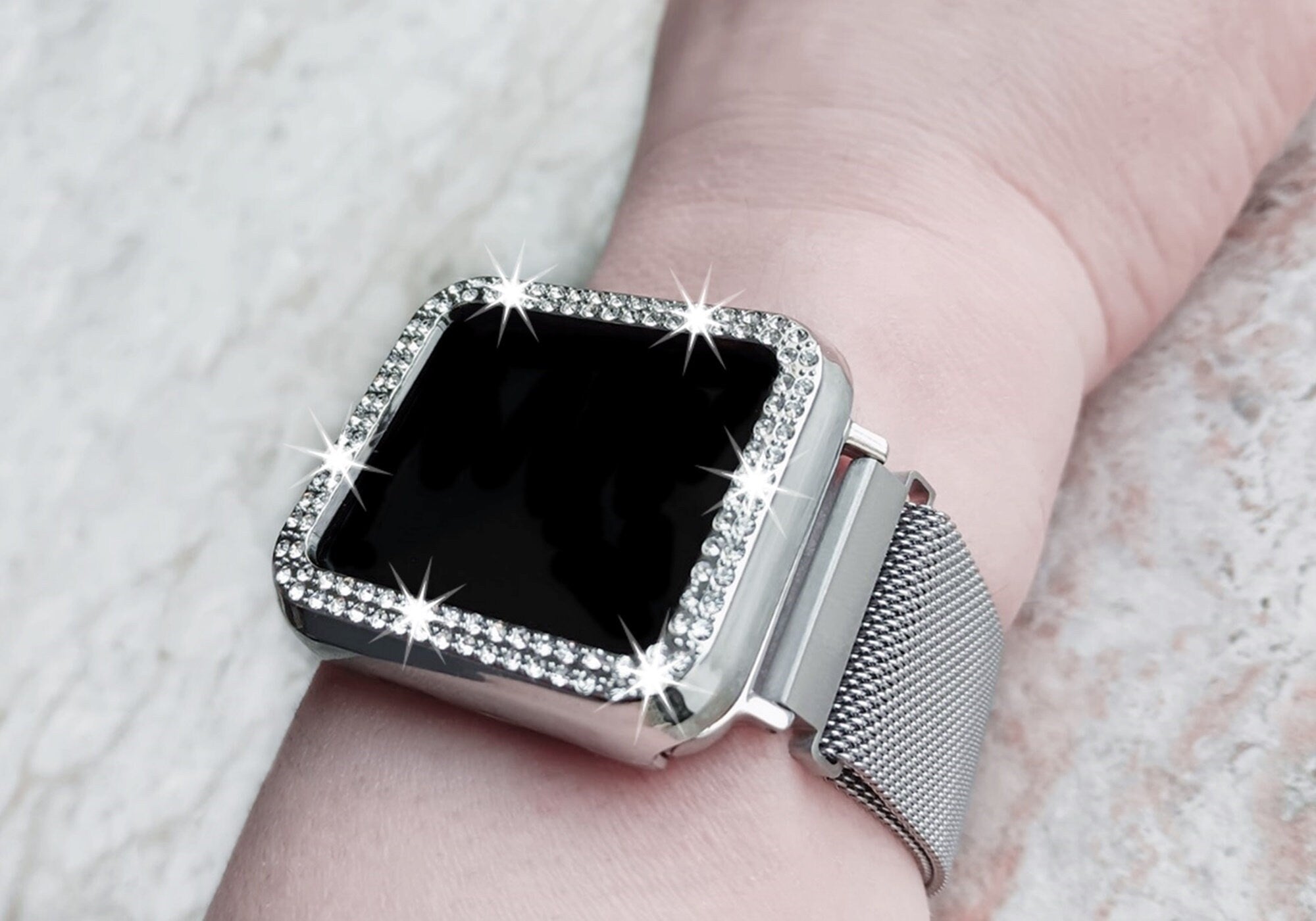 Apple Watch Silver Color Band Kit Crystal Case Bezel Cover for Ultra 2 9 8 7 SE 6 5 4 3 2 49mm 45mm 44mm 42mm 41mm 40mm 38mm Milanese Strap